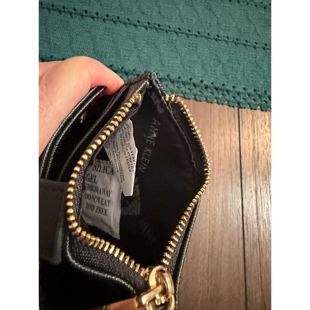 Anne Klein Black Saffiano Vegan Leather Slim Card Case Zip Wallet Gold Hardware